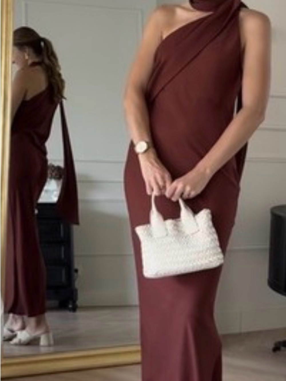 Zara Rust-Brown One-Shoulder Draped Midi Dress - Picture 5 of 8